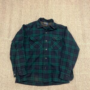 Vintage Pendleton Board Shirt Mens Medium Green 1960s USA Plaid Wool Loop Collar